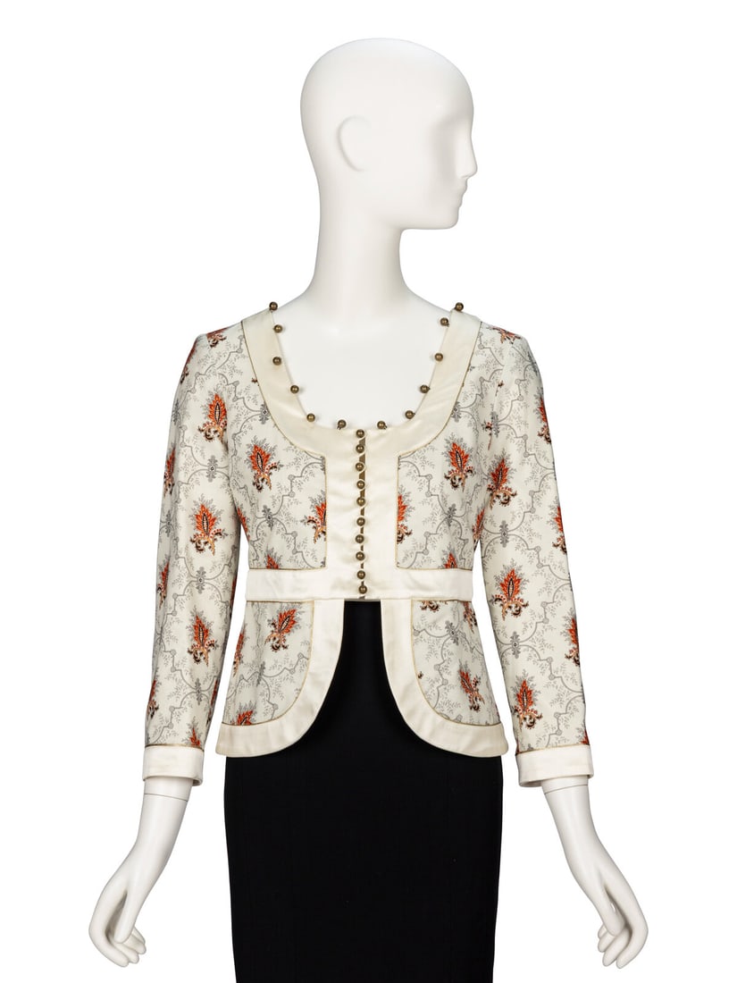 Chloé by Phoebe Philo, Embellished Peplum Jacket: Chloé by Phoebe Philo, Embellished Peplum Jacket Peplum jacket in printed ivory cotton lawn with ivory satin and metallic trim. Brass ball buttons/embellishments throughout. Round scoop neckline. Bra