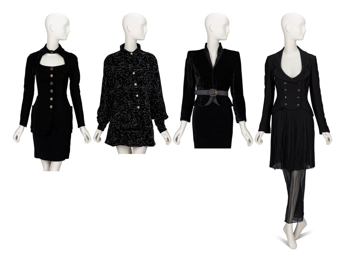 Karl Lagerfeld & Valentino, Two Ensembles & Two Tops: Karl Lagerfeld & Valentino, Two Ensembles & Two Tops THE FIRST JACKET Fitted jacket in black stretch-blend cotton velvet. Spread collar with button closure at neckline and keyhole cutout chest detail.