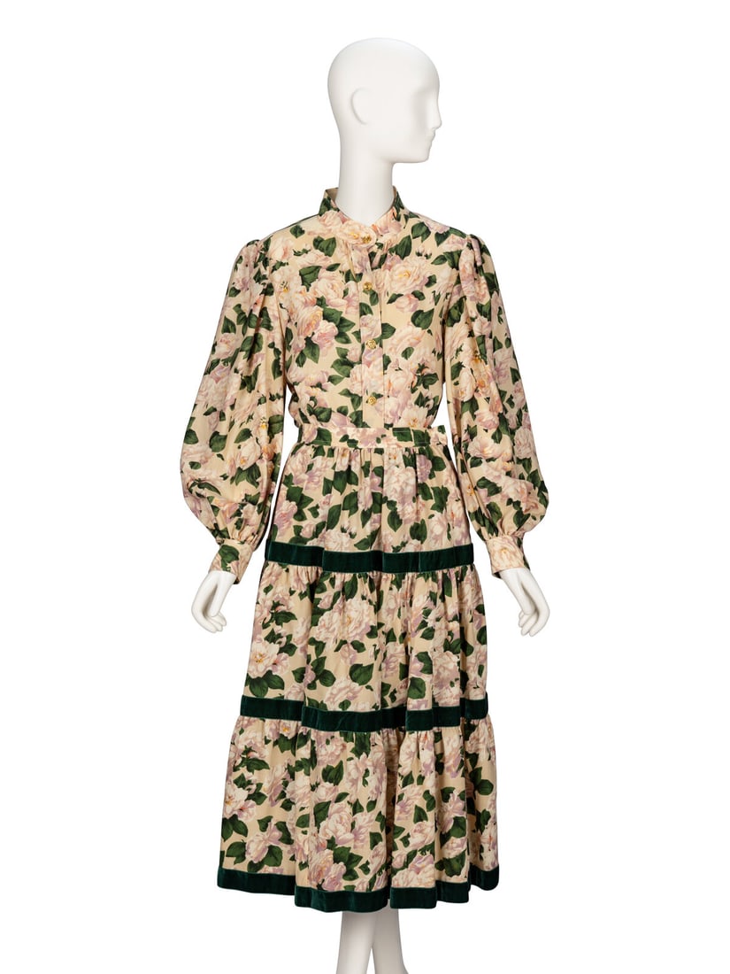 Saint Laurent Rive Gauche, Floral Print Skirt Ensemble: Saint Laurent Rive Gauche, Floral Print Skirt Ensemble BLOUSE Blouse in multicolor rose-print wool twill. Stand collar. Wrist-length full bishop sleeves with gathered sleeve heads and buttoned shirt c