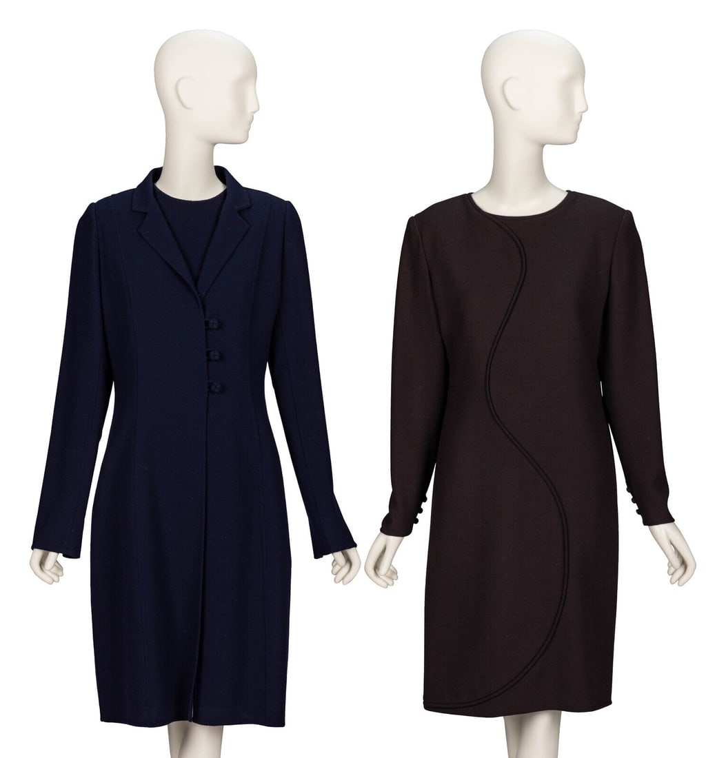 Bill Blass, Coat & Dress Ensemble and Dress: Bill Blass, Coat & Dress Ensemble and Dress THE FIRST JACKET Knee-length A-line jacket in navy blue double-faced wool crÍpe. Notched lapels. Light padding at shoulders. Full-length set-in
