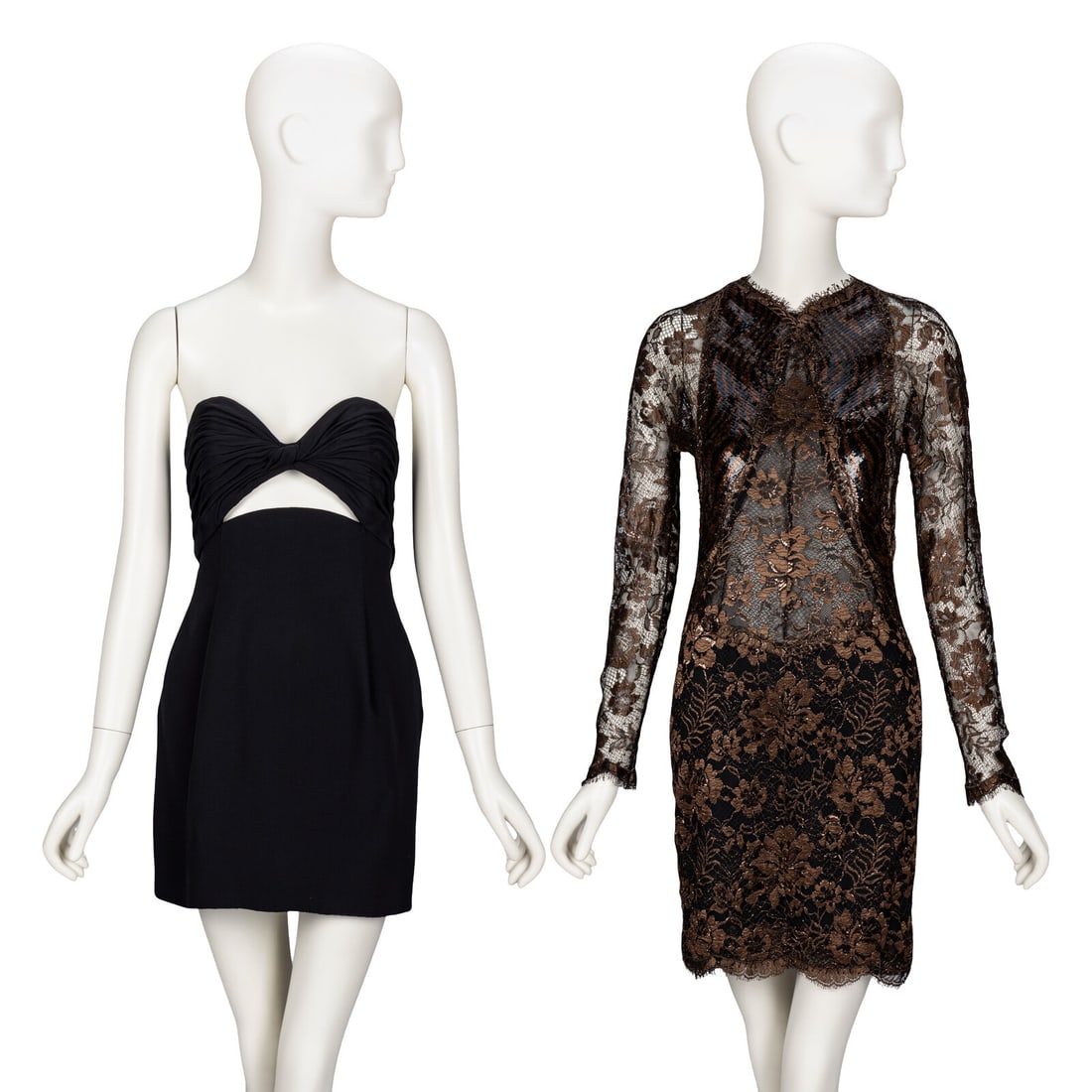 Geoffrey Beene, Two Cocktail Dresses: Geoffrey Beene, Two Cocktail Dresses THE FIRST Strapless minidress in black silk crÍpe. Sweetheart neckline with draped and pleated details; features keyhole cutout at waist/bust. Fitted waist