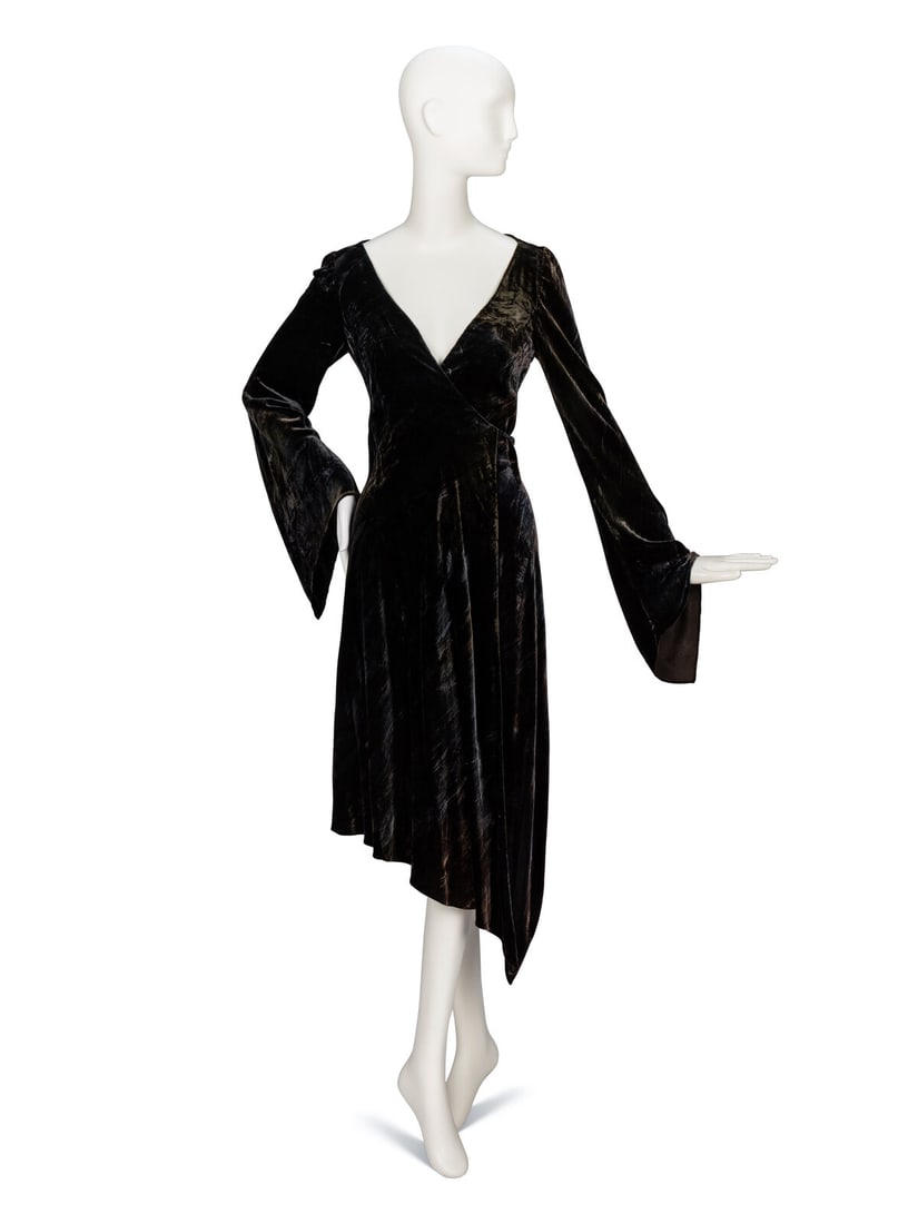 Donna Karan, Velvet Bias-Cut Wrap Dress, Original Sample: Donna Karan, Velvet Bias-Cut Wrap Dress, Original Sample Wrap dress in bias-cut tonally-dyed black crushed velvet. Wide, deep V neckline. Full-length bell sleeves with pointed sleeve hems. Fitted