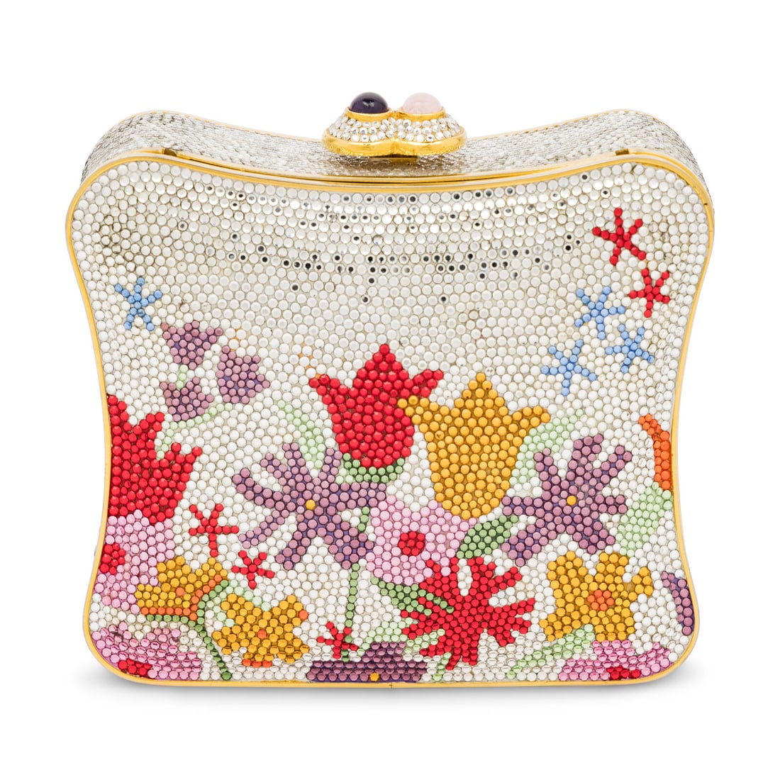 Judith Leiber, Floral Embellished Minaudiere: Judith Leiber, Floral Embellished Minaudiere Box-shaped minaudiËre in gold-tone metal with multicolor crystal embellishments with floral motifs throughout exterior. Features a hardstone-set push-