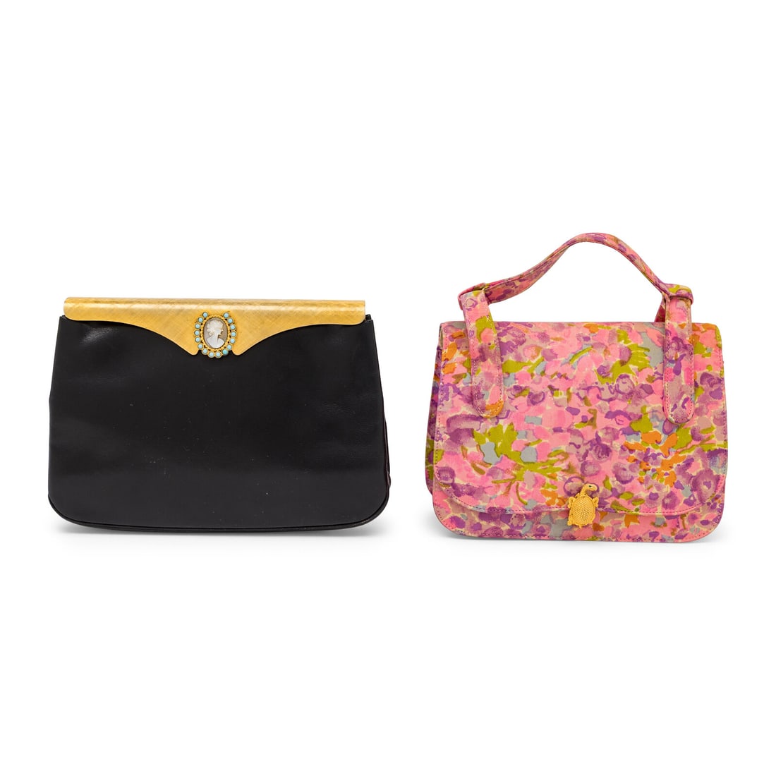 Two Vintage Handbags: Two Vintage Handbags Clutch in black leather with a gold-tone metal lift-top frame closure with carved cameo and hardstone setting details. Label: Rosenfeld Date: Mid-to-Late 20th Century Country of