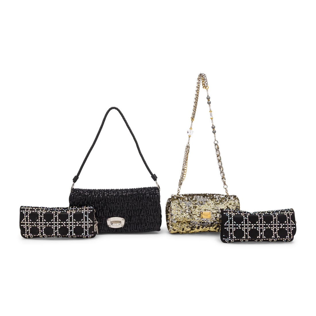 Four Designer Evening Handbags including Dolce & Gabbana and Dior: Four Designer Evening Handbags including Dolce & Gabbana and Dior THE FIRST Convertible evening clutch/shoulder bag in black satin with cannage-motif rhinestone embellishments. Magnetic snap closure