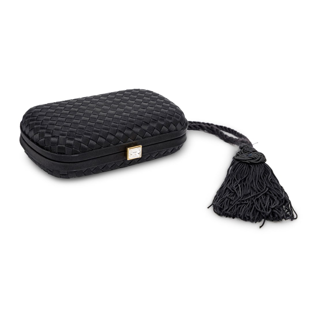 Bottega Veneta, Black Satin Intrecciato Clutch: Bottega Veneta, Black Satin Intrecciato Clutch Evening clutch in intrecciato woven black satin with gold-tone hardware. Strass stone-set push-lock closure and braided tassel at end. Label: Bottega