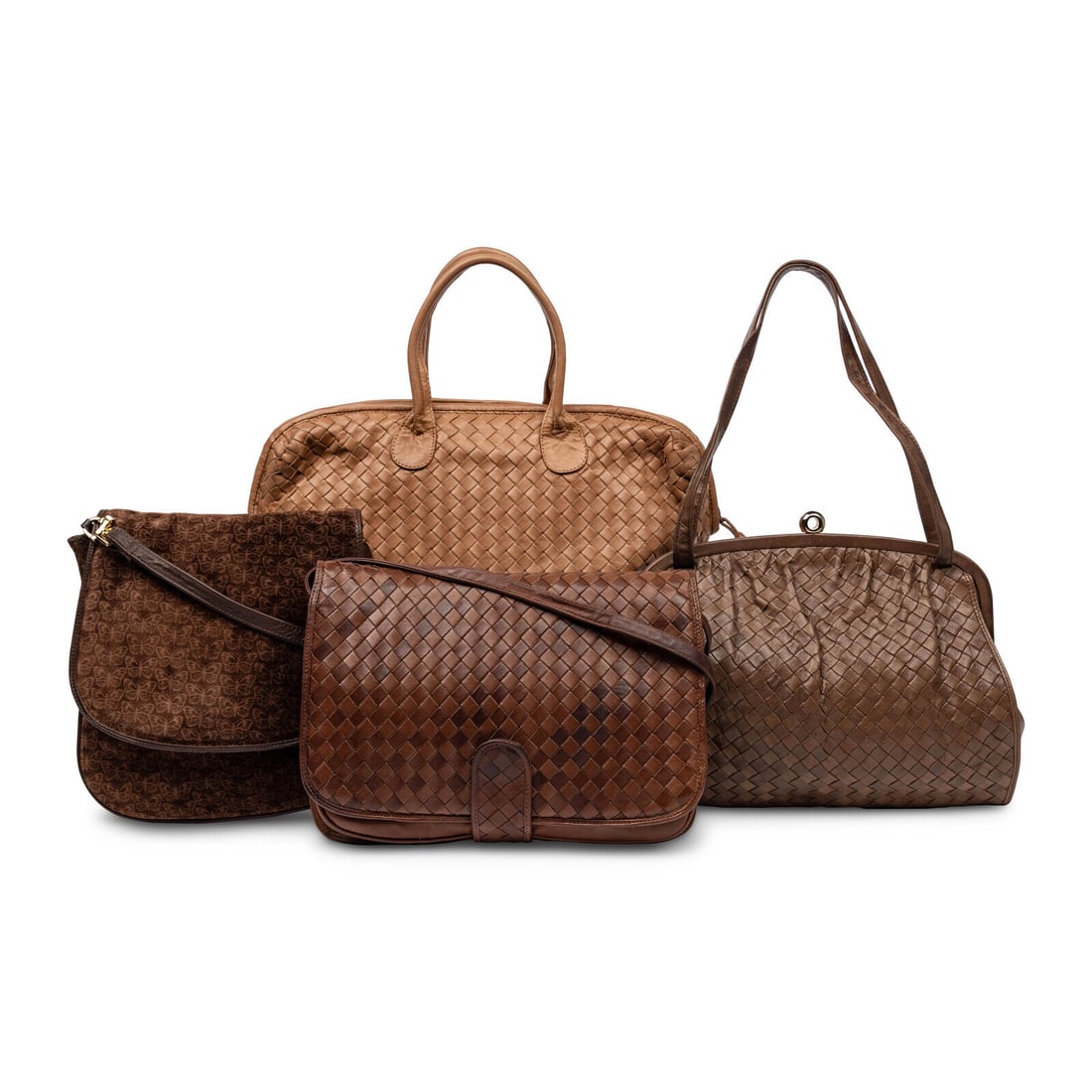 Bottega Veneta, Four Leather & Suede Handbags: Bottega Veneta, Four Leather & Suede Handbags THE FIRST Handbag in light brown intrecciato woven lambskin leather. Zipper closure and rolled leather handles. Label: Bottega Veneta Date: Late 20th