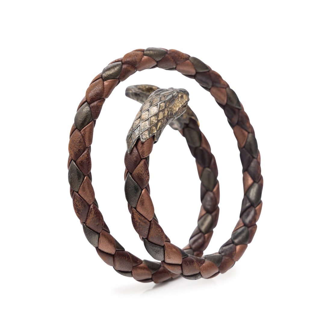 Bottega Veneta, Woven Leather & Sterling Snake Bracelet: Bottega Veneta, Woven Leather & Sterling Snake Bracelet Coiled bange bracelet in metallic bronze/brown woven leather with sterling silver snake head & tail at ends. Label: Bottega Veneta Country of