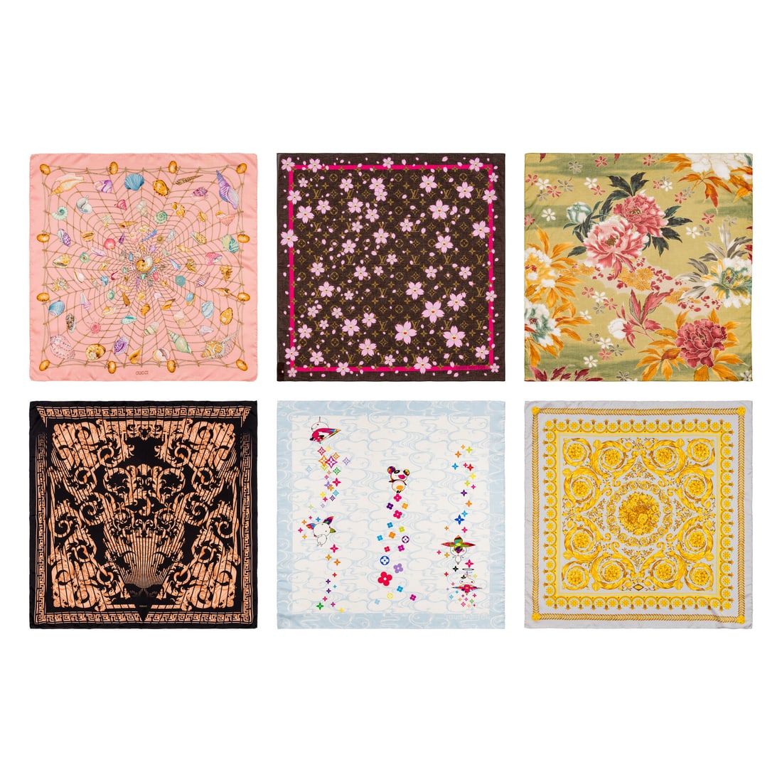 Gucci, Versace, & Louis Vuitton; Six Scarves: Gucci, Versace, & Louis Vuitton; Six Scarves THE FIRST Scarf in multicolor printed silk twill. Hand rolled & stitched edges. Label: Gucci Date: Late 20th - Early 21st Century Country of Origin: Italy