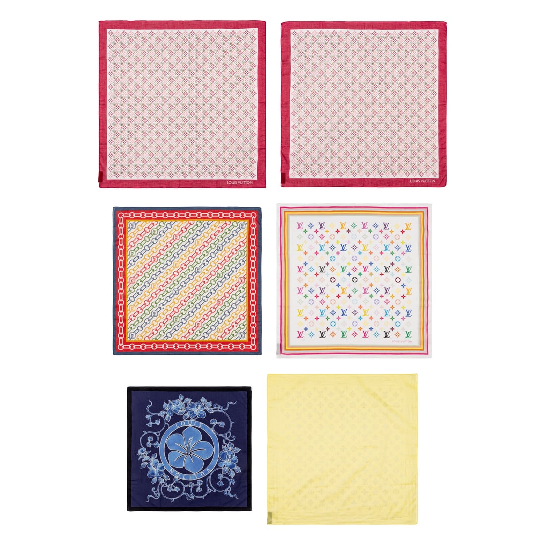 Louis Vuitton, Seven Silk & Cotton Scarves: Louis Vuitton, Seven Silk & Cotton Scarves THE FIRST Scarf in tonally printed cotton voile. Stitched edges. Label: Louis Vuitton Date: Late 20th - Early 21st Century Country of Origin: Italy