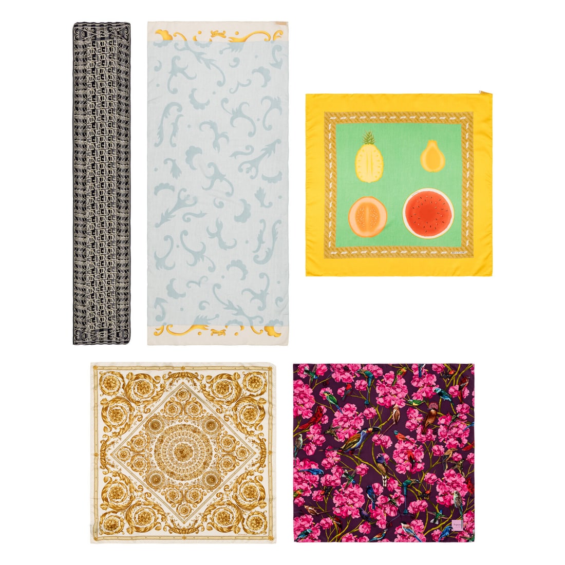 Five Designer Silk Scarves, Including Versace & Bulgari: Five Designer Silk Scarves, Including Versace & Bulgari THE FIRST Rectangular scarf in printed & striped silk chiffon. Rolled & stitched edges. Label: Fendi Date: Late 20th - Early 21st Century
