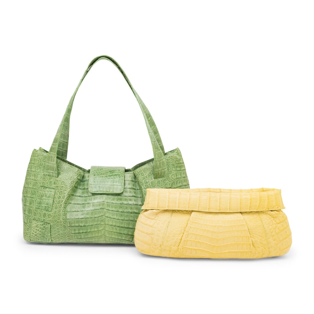 Nancy Gonzalez, Two Crocodile Handbags: Nancy Gonzalez, Two Crocodile Handbags THE FIRST Shoulder bag in green crocodile skin. Magnetic tab closure and flat crocodile straps. Label: Nancy Gonzalez Date: 2000's Country of Origin: Colombia