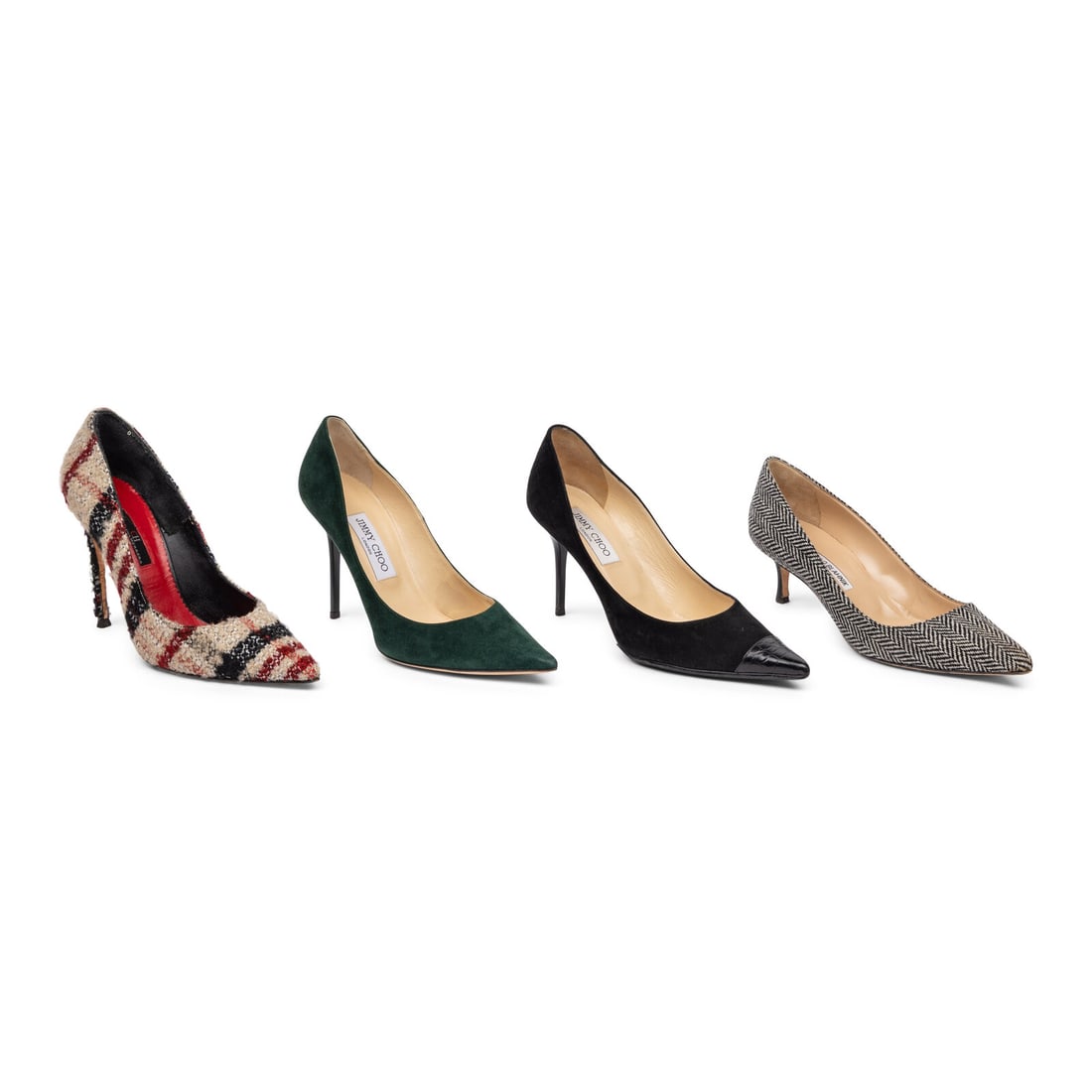 Four Pairs of Designer Pumps: Four Pairs of Designer Pumps THE FIRST Pointed-toe pumps in multicolor fuzzy plaid tweed. Includes box. Label: Carolina Herrera Size Label: 39 Date: 2010's-2020's Country of Origin: Spain Approximate 