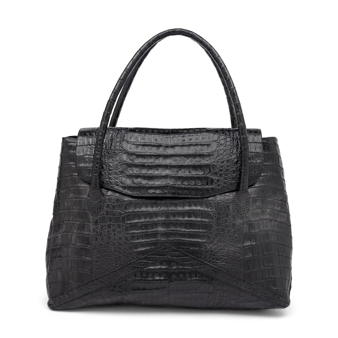 Nancy Gonzales, Large Black Crocodile Tote: Nancy Gonzales, Large Black Crocodile Tote Large tote bag in black crocodile skin. Magnetic snap flap closure and rolled crocodile handles. Label: Nancy Gonzalez Date: 2010's Country of Origin: