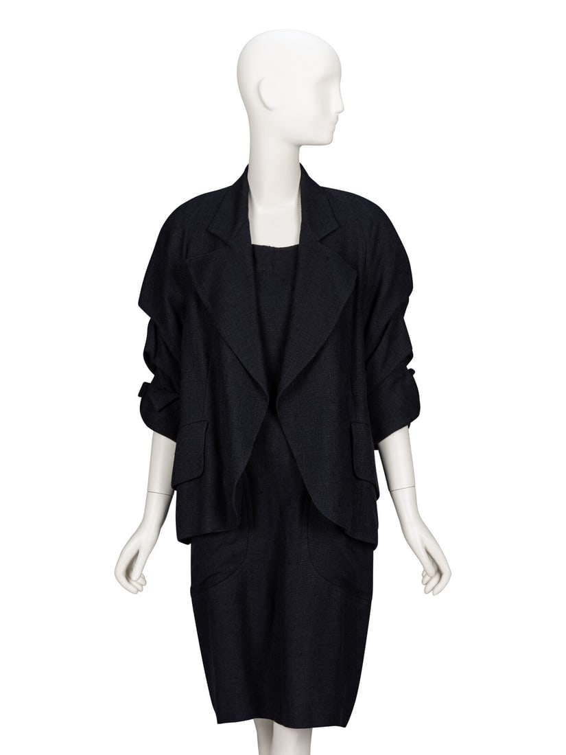 Christian Lacroix, Black Linen Dress & Jacket Ensemble: Christian Lacroix, Black Linen Dress & Jacket Ensemble JACKET Open-front jacket in textured black viscose/linen-blend. Slightly flared bodice silhouette. Wide notched lapels. Padding at shoulders.