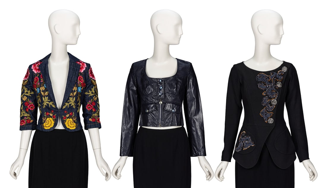 Christian Lacroix, Three Jackets: Christian Lacroix, Three Jackets THE FIRST Fitted jacket in indigo cotton denim with all-over multicolor floral embroideries. Cropped bodice length. Peplum flare at back waist. Notched lapels. Elbow-l