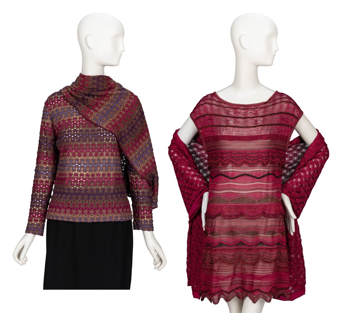 Missoni, Two Knit Tops & Matching Stoles: Missoni, Two Knit Tops & Matching Stoles THE FIRST Sweater in a multicolor textured pointelle knit; moderate stretch content. Wide round neckline. Wrist-length sleeves. Slightly scalloped edges at