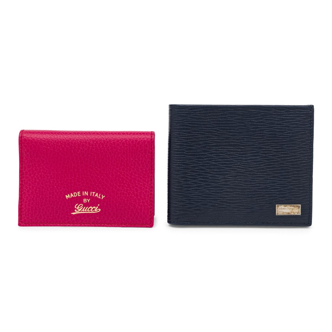 Gucci & Ferragamo, Two Wallets: Gucci & Ferragamo, Two Wallets THE FIRST Bifold wallet in fuchsia grained leather. Label: Gucci Style/Serial No.: 354500-496334 Date: 2010's-2020's Country of Origin: Italy Approximate Measurements: