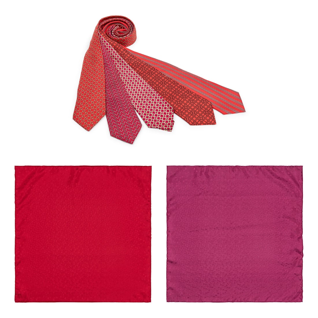 Hermès, Five Silk Neckties & Two Silk Pocket Squares: Hermès, Five Silk Neckties & Two Silk Pocket Squares Group of five neckties in printed silk twill and two 18" x 18 " pocket squares in silk jacquard. Label: Hermès Date: Late 20th - Early 21st