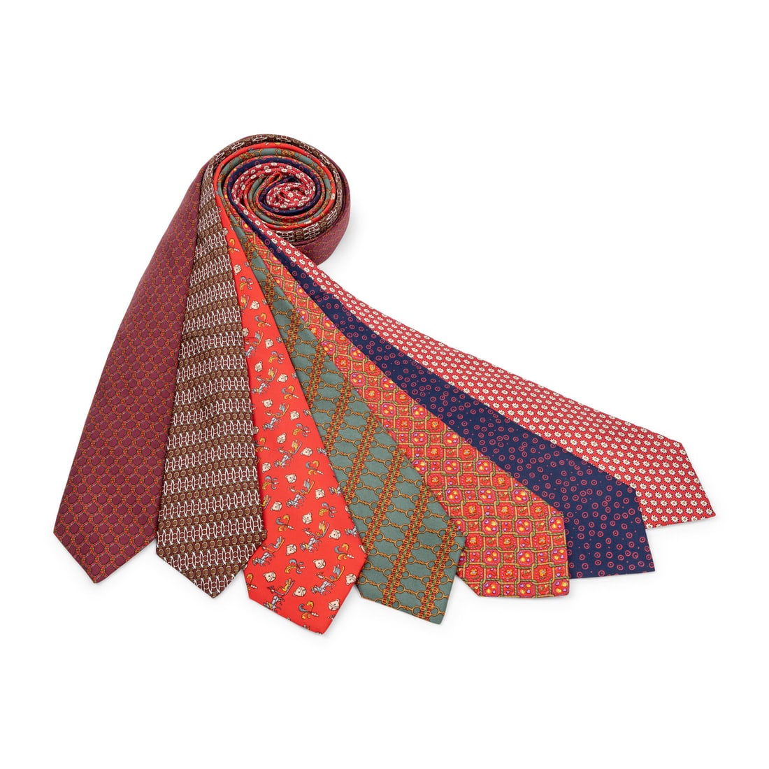 Hermès, Seven Silk Neckties: Hermès, Seven Silk Neckties Group of seven neckties in printed silk twill. Label: Hermès Date: Late 20th - Early 21st Century Country of Origin: France Property from an Important Private