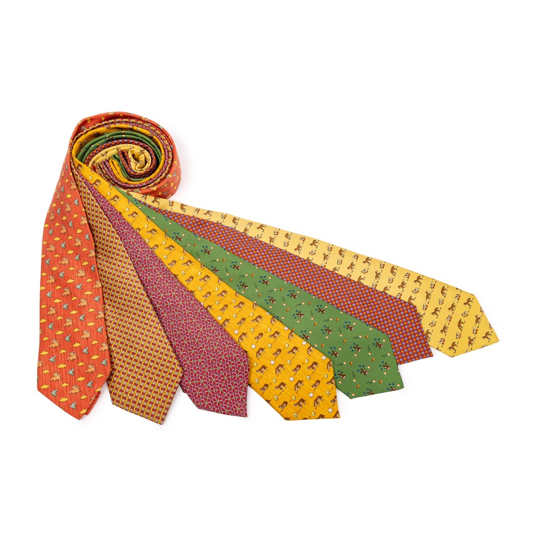 Hermès, Seven Silk Neckties: Hermès, Seven Silk Neckties Group of seven neckties in printed silk twill. Label: Hermès Date: Late 20th - Early 21st Century Country of Origin: France Property from an Important Private