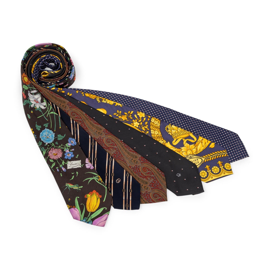 Six Silk Designer Neckties, Including Gucci & Dior: Six Silk Designer Neckties, Including Gucci & Dior A group of six neckties in printed silk & silk-blend twill; including three by Gucci, one by Christian Dior, one by Atelier Versace, and one by Paco