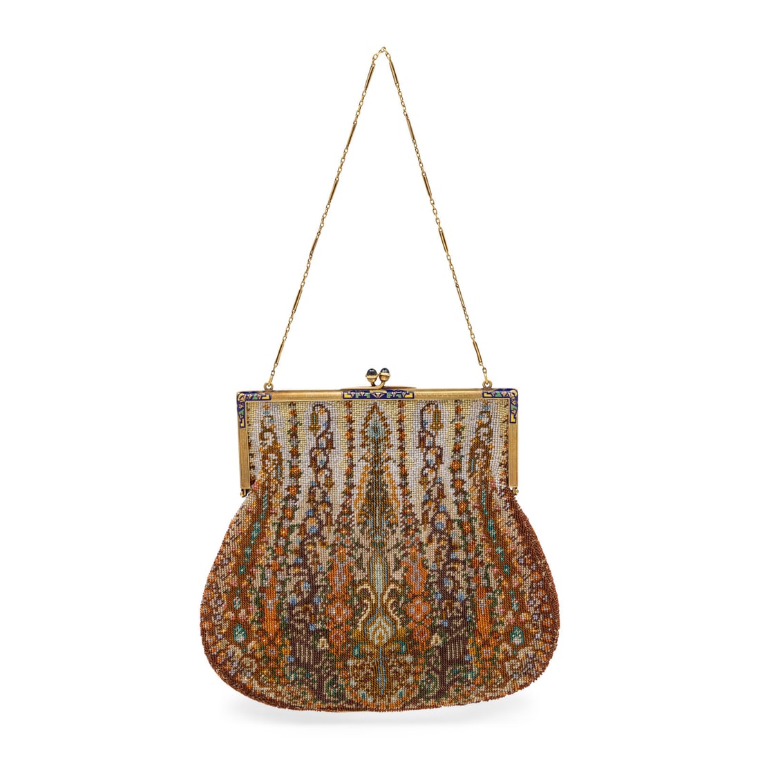 Tiffany & Co., 14k Gold & Beadwork Purse, c. 1920's: Tiffany & Co., 14k Gold & Beadwork Purse, c. 1920's Small evening handbag in multicolor beadwork and a 14k gold metal frame with enameling throughout. Hardstone-set kiss-lock closure and chain strap.