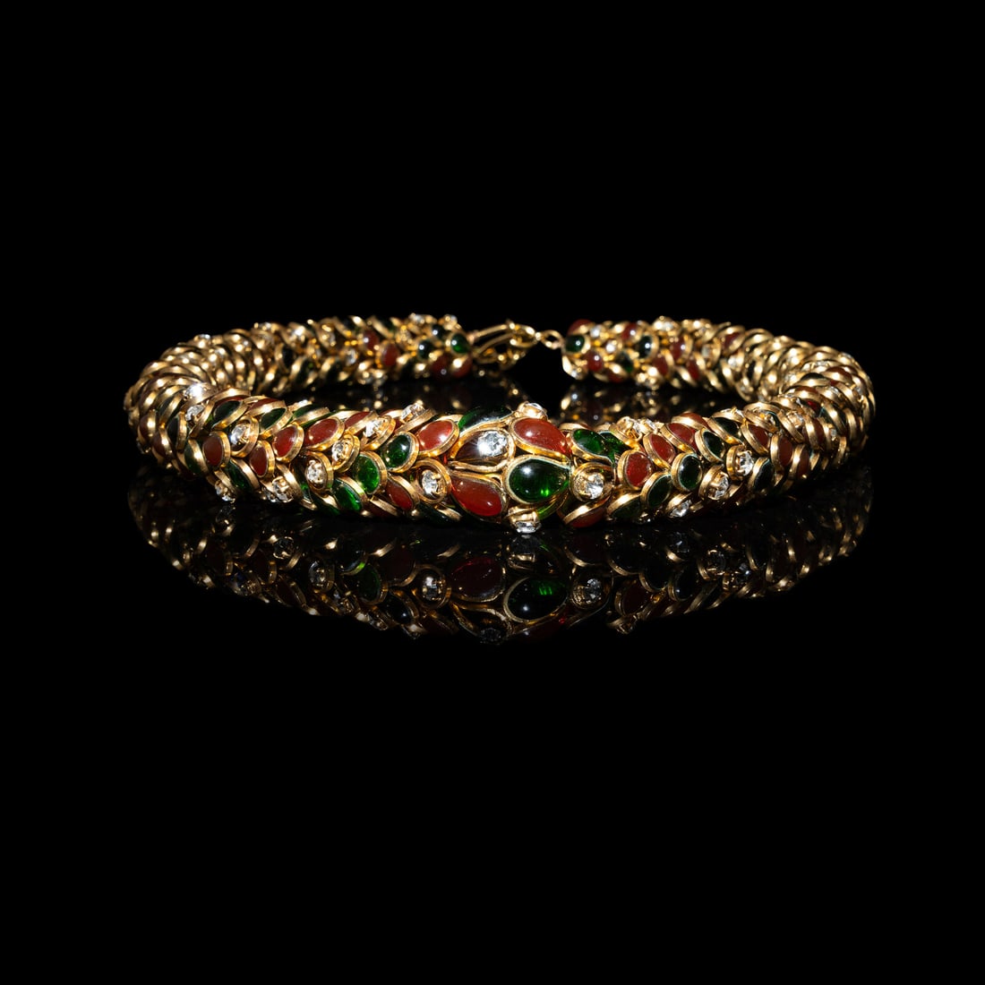 Chanel, Gripoix PÇte de Verre Layered Necklace: Chanel, Gripoix P‚te de Verre Layered Necklace Necklace with rhinestones and red & green Gripoix p‚te de verre petals in gold-tone hardware, consisting of layered everted flowers,