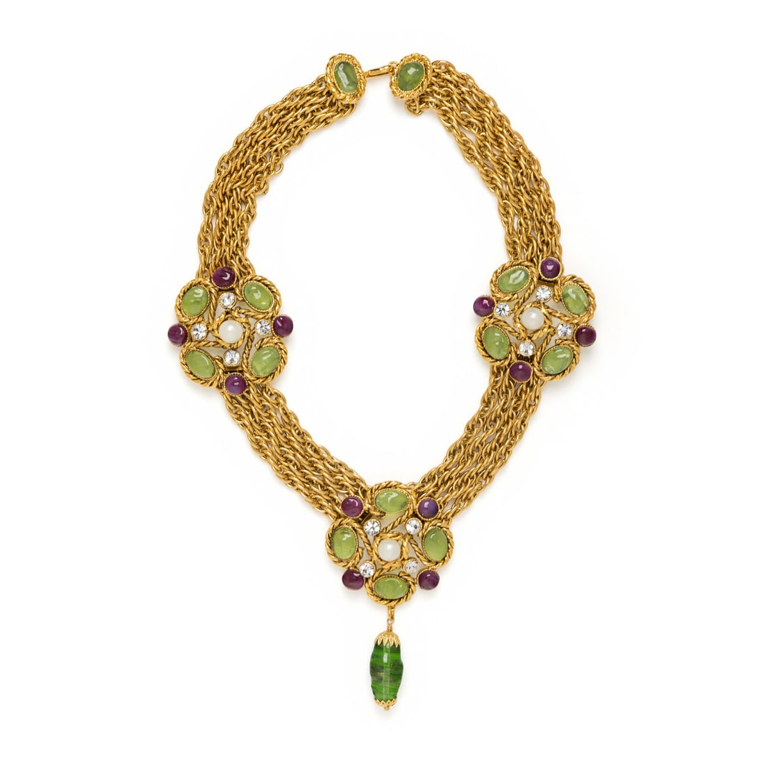 Chanel, Rare Gripoix Pâte de Verre & Chain Necklace: Chanel, Rare Gripoix Pâte de Verre & Chain Necklace Gold-tone metal necklace of multiple articulated chain strands, with three floral cluster motifs set with green and purple Gripoix pâte de verre