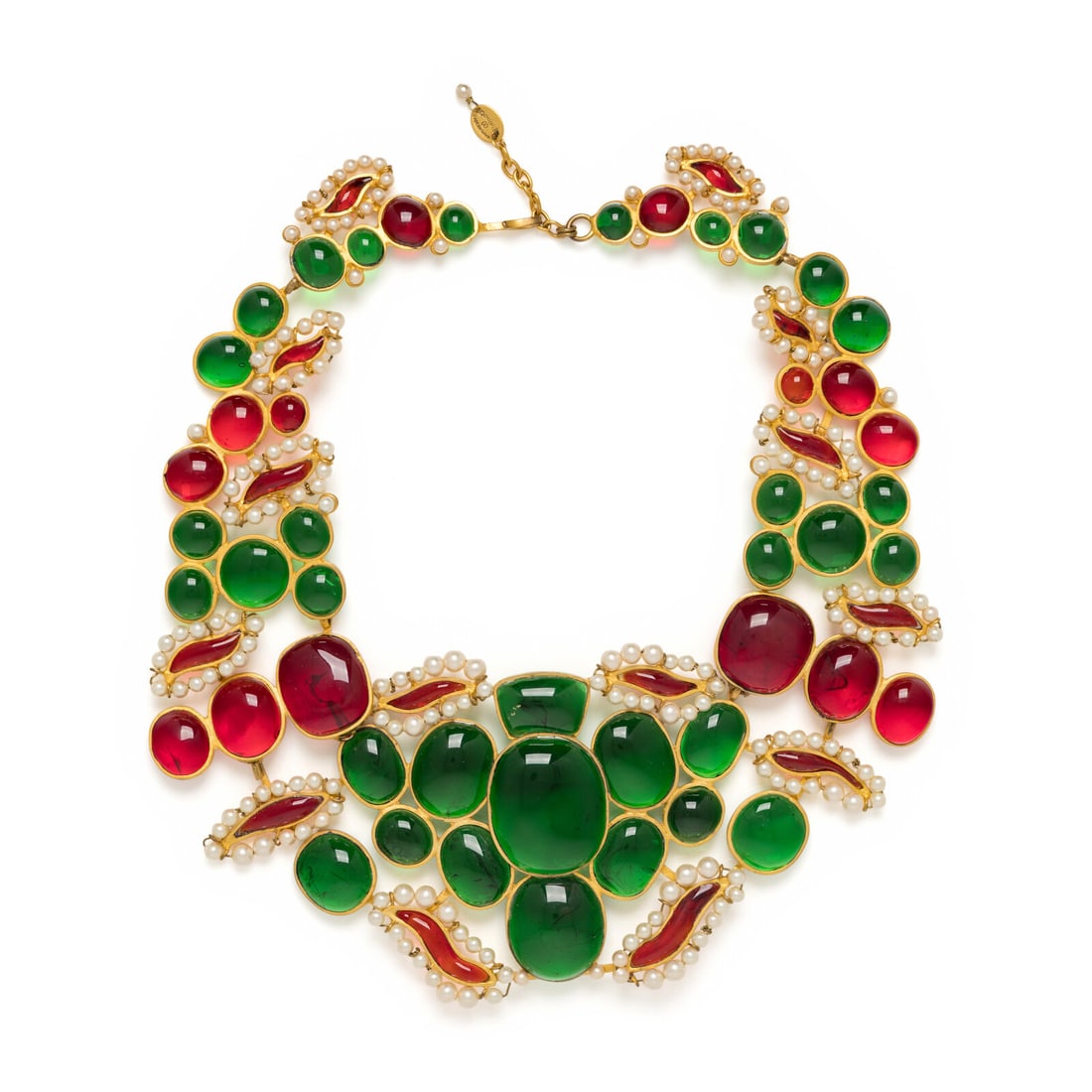 Chanel, Important Gripoix Pâte de Verre Bib Necklace, 1980s: Chanel, Important Gripoix Pâte de Verre Bib Necklace, 1980s Gold-tone metal bib necklace set with graduated green and red Gripoix pâte de verre cabochons, accented by simulated seed pearls and