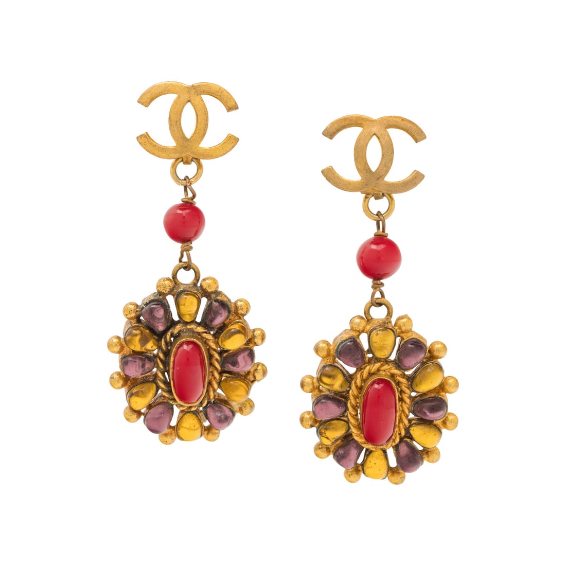 Chanel, CC & Gripoix Stone Ear Clips, F/W 1993: Chanel, CC & Gripoix Stone Ear Clips, F/W 1993 Pair of ear clips in gold-tone metal CCs and glass stone settings in dangling charms. Standard clip backs. Label: Chanel Date: F/W 1993 Country of