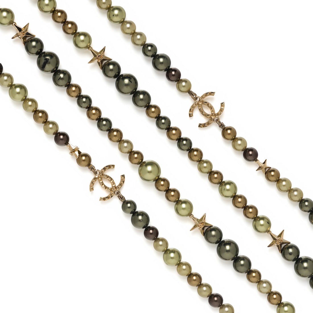 Chanel, Tonal Gripoix Pearl Sautoir: Chanel, Tonal Gripoix Pearl Sautoir Double-strand sautoir necklace in green/bronze tonal Gripoix pearls and gold-tone metal star beads. Lobster clasp closure. Label: Chanel Date: F/W 2017 Country of O