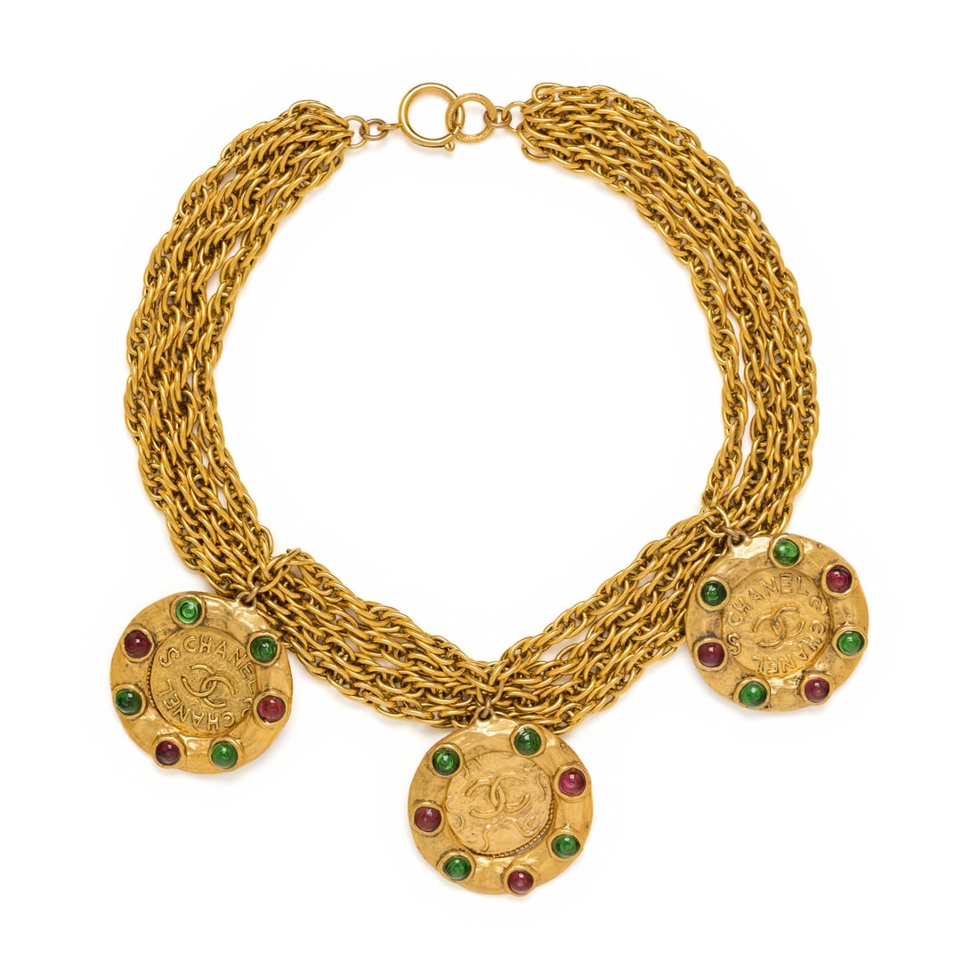 Chanel, Chain & Triple Pendant Necklace: Chanel, Chain & Triple Pendant Necklace Gold-tone metal necklace of layered twisted chains, featuring three open ring green & red p‚te de verre-studded pendants and medallion pendants. Spring