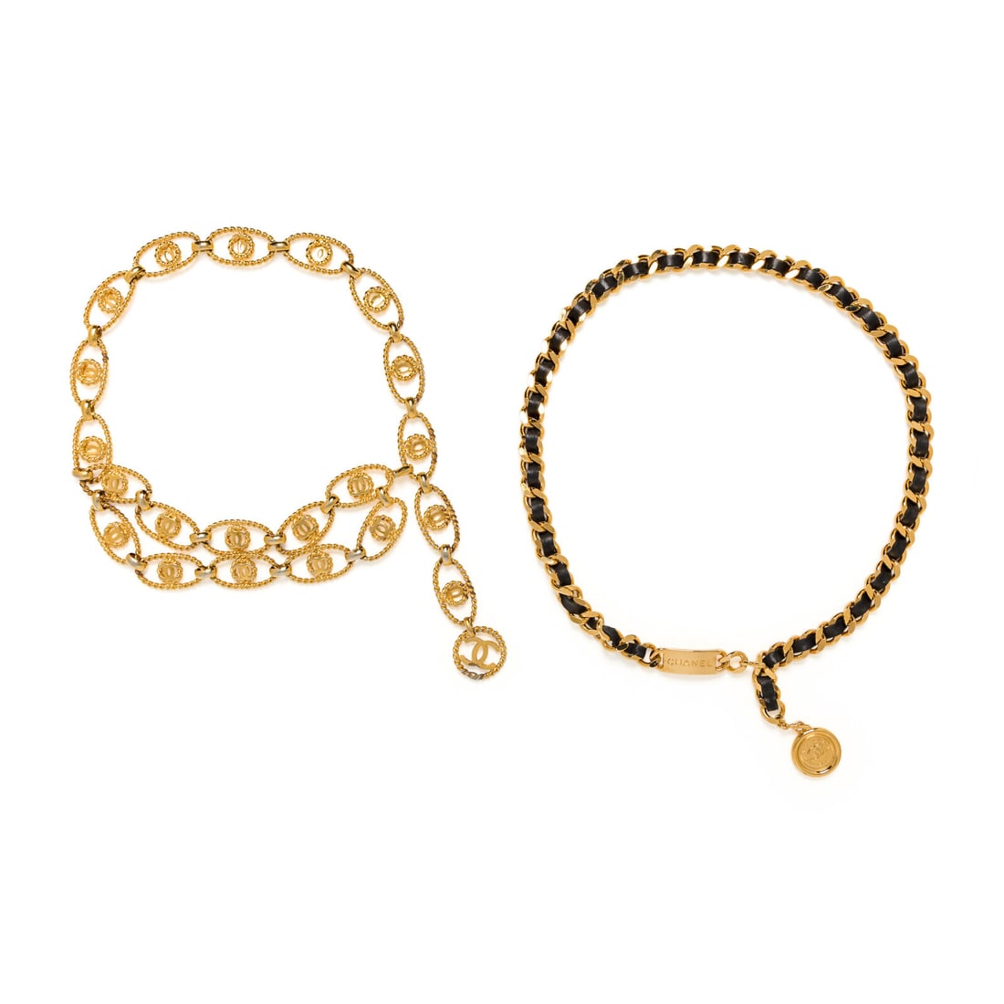 Chanel, Two Chain Belts: Chanel, Two Chain Belts THE FIRST Draped chain belt in gold-tone metal with open-work CC insignia medallions and dangling charm end. Hook closure. Label: Chanel Date: 1980's Country of Origin: France 