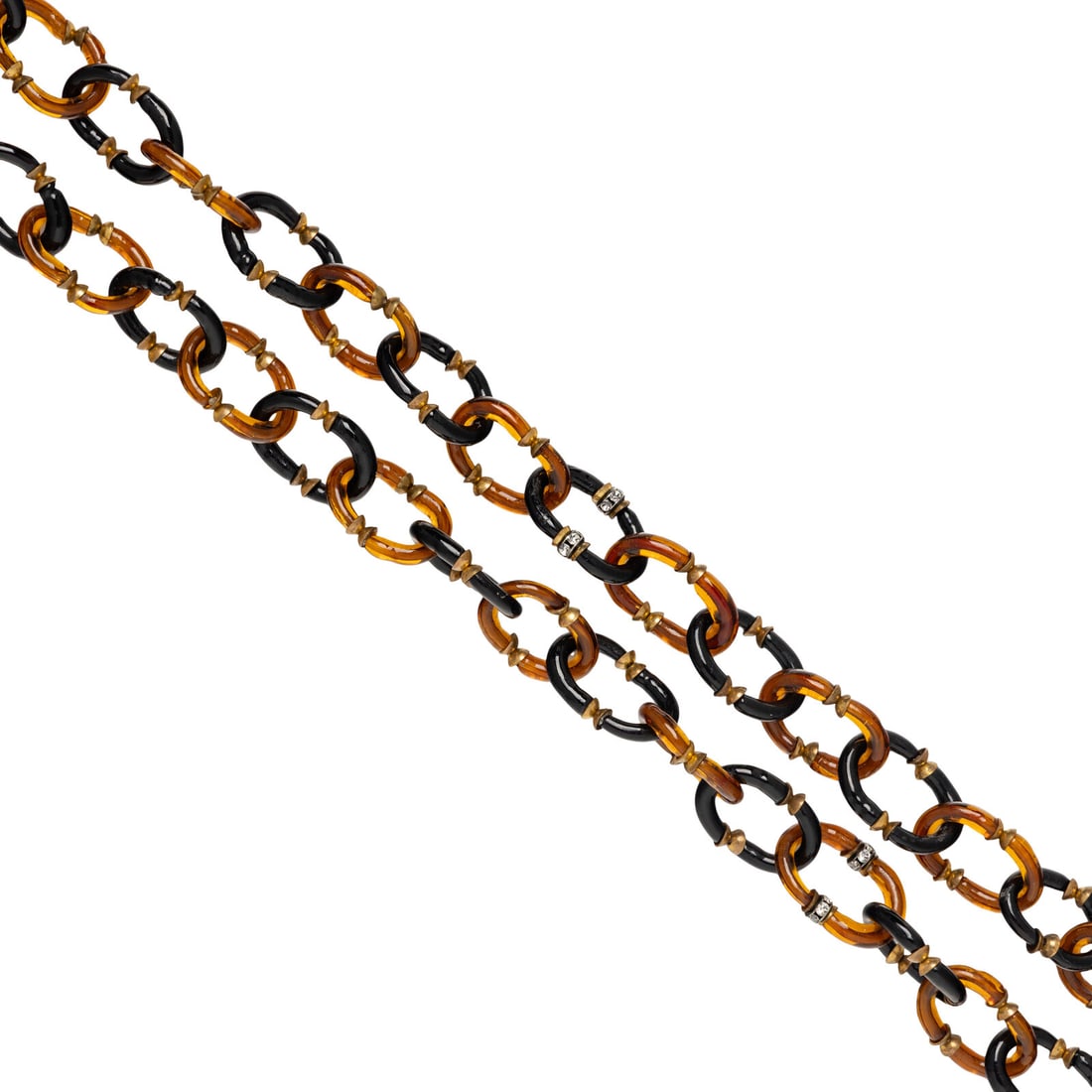 Archimede Seguso for Chanel, Murano Glass Necklace, 1960s: Archimede Seguso for Chanel, Murano Glass Necklace, 1960s Chain necklace of amber-colored & black Murano glass chain links, gold-tone metal, and strass. Box clasp closure. Stamped "AS" at clasp.