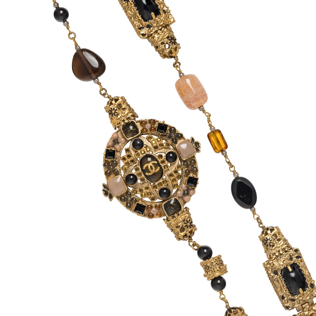 Chanel, Byzantine-Style Bead Sautoir: Chanel, Byzantine-Style Bead Sautoir Sautoir necklace in gold-tone metal, composed of open-link chain interspersed with glass & hardstone beads in shades of black, brown, pink, and amber. Features
