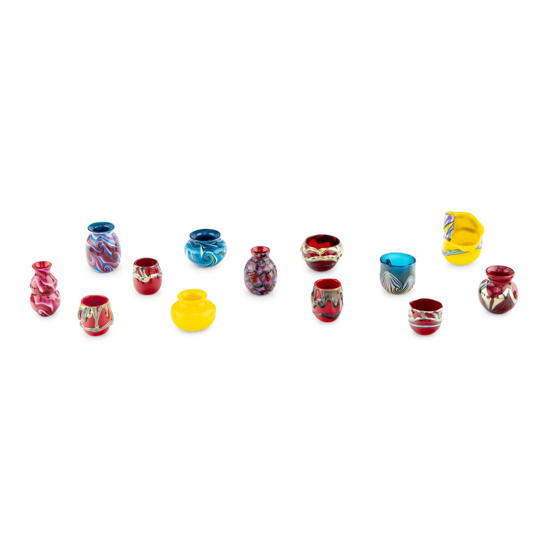 Charles Lotton (American, 1935–2021) Collection of 13 Smaller Articles, 2010-16: Charles Lotton (American, 1935–2021) Collection of 13 Smaller Articles, 2010-16 blown glass each with etched signature and date to the undersides 3 3/8 h x 3 dia inches. | tallest yellow Propert