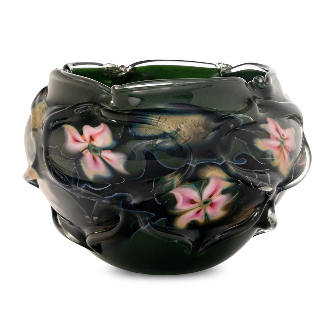 attributed to Daniel Lotton (American, b. 1963) Bowl, Green Caged with Pink Flowers: attributed to Daniel Lotton (American, b. 1963) Bowl, Green Caged with Pink Flowers blown glass 9 h x 12 1/2 dia inches. Property from the Estate of Audrey and Philip Rietveld, Crete, Illinois This lo