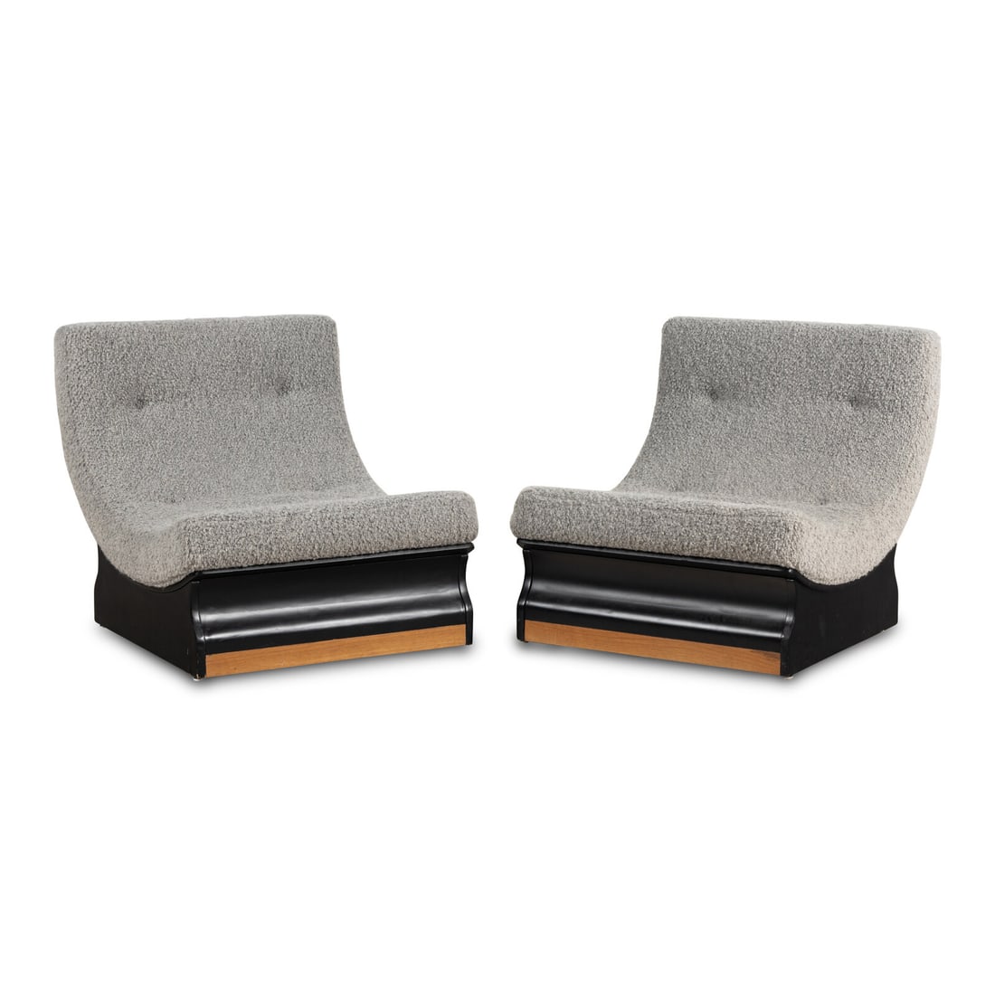 Italian Design c. 1960 Pair of Low Curved Lounge Chairs: Italian Design c. 1960 Pair of Low Curved Lounge Chairs wood, foam, upholstery 27 h x 28 w x 33 d inches. Andrew Alguire This lot is located in Chicago.