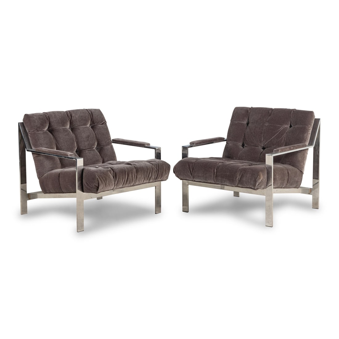 Cy Mann (American, 1928-2009) Pair of Lounge Chairs: Cy Mann (American, 1928-2009) Pair of Lounge Chairs steel, upholstery 29 h x 29 1/2 w x 33 d inches. This lot is located in Chicago.