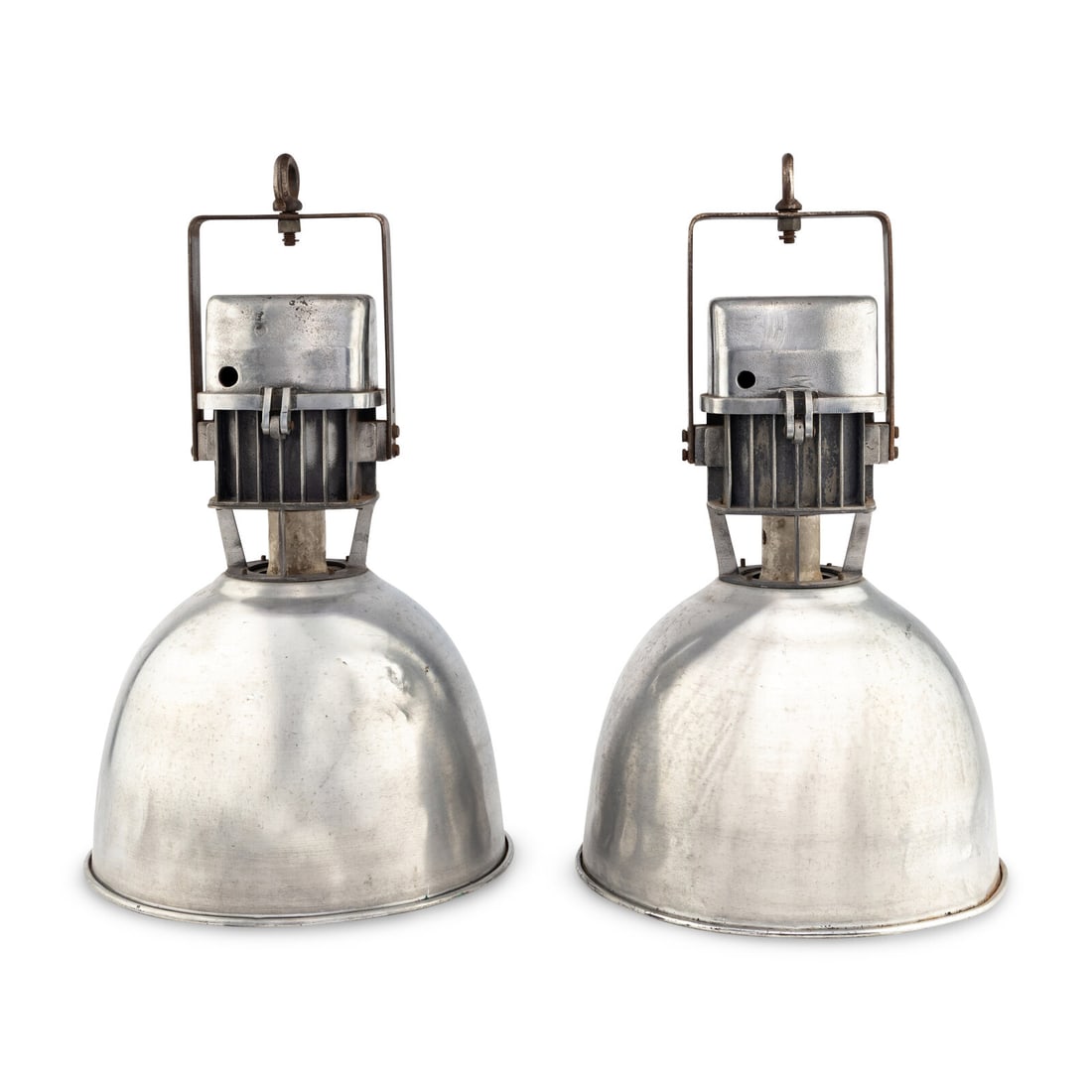 A Pair of Vintage Industrial Aluminum Pendant Lights: A Pair of Vintage Industrial Aluminum Pendant Lights Height 28 x diameter 16 1/4 inches. This lot is located in Chicago.