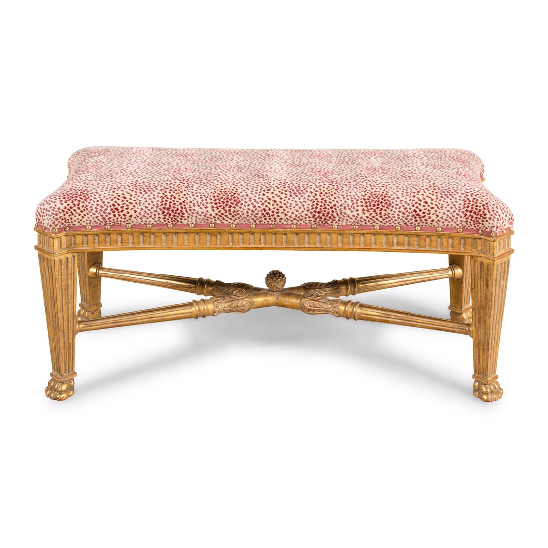 An Italian Giltwood Bench: An Italian Giltwood Bench 20th Century with Colefax and Fowler Malabar upholstery. Height 20 x width 41 1/2 x depth 19 inches. Property from a Distinguished Chicago Gold Coast Residence This lot is lo