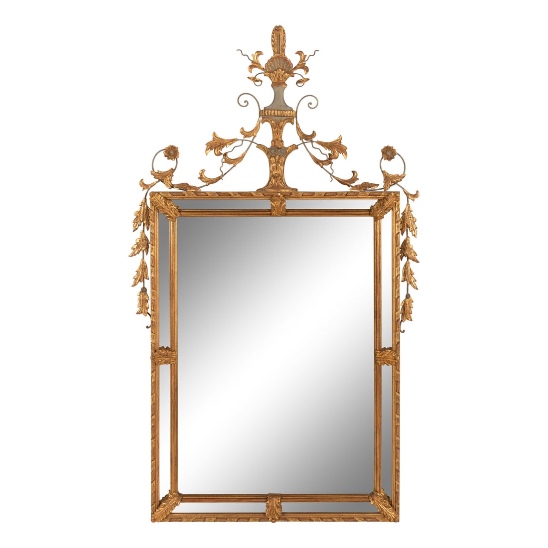 An Italian Painted and Parcel-Gilt Mirror: An Italian Painted and Parcel-Gilt Mirror 20th Century Height 55 1/2 x width 31 inches. Property from a Distinguished Chicago Gold Coast Residence This lot is located in Chicago.