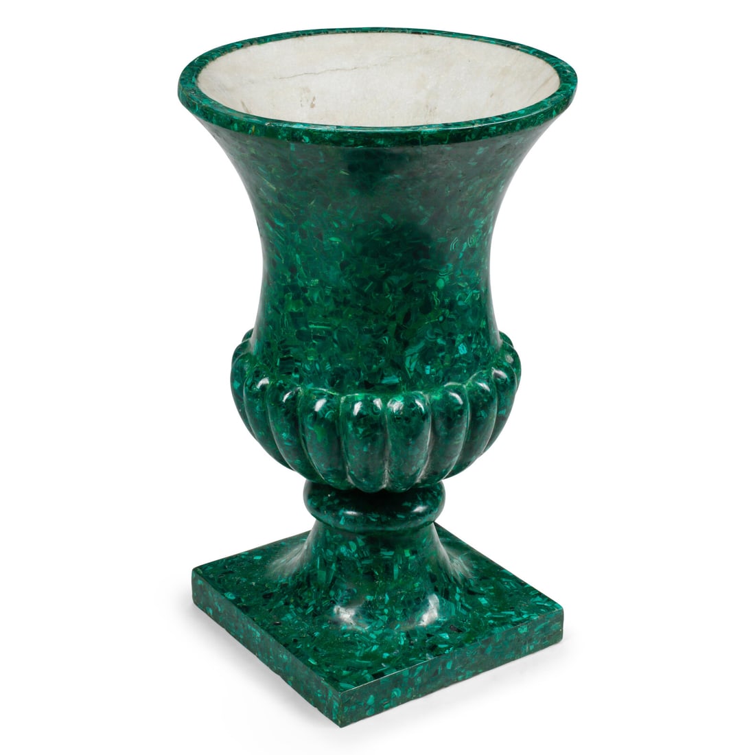 A Large Malachite Veneered Urn: A Large Malachite Veneered Urn 20th Century Height 30 x diameter 18 1/2 inches. This lot is located in Chicago.