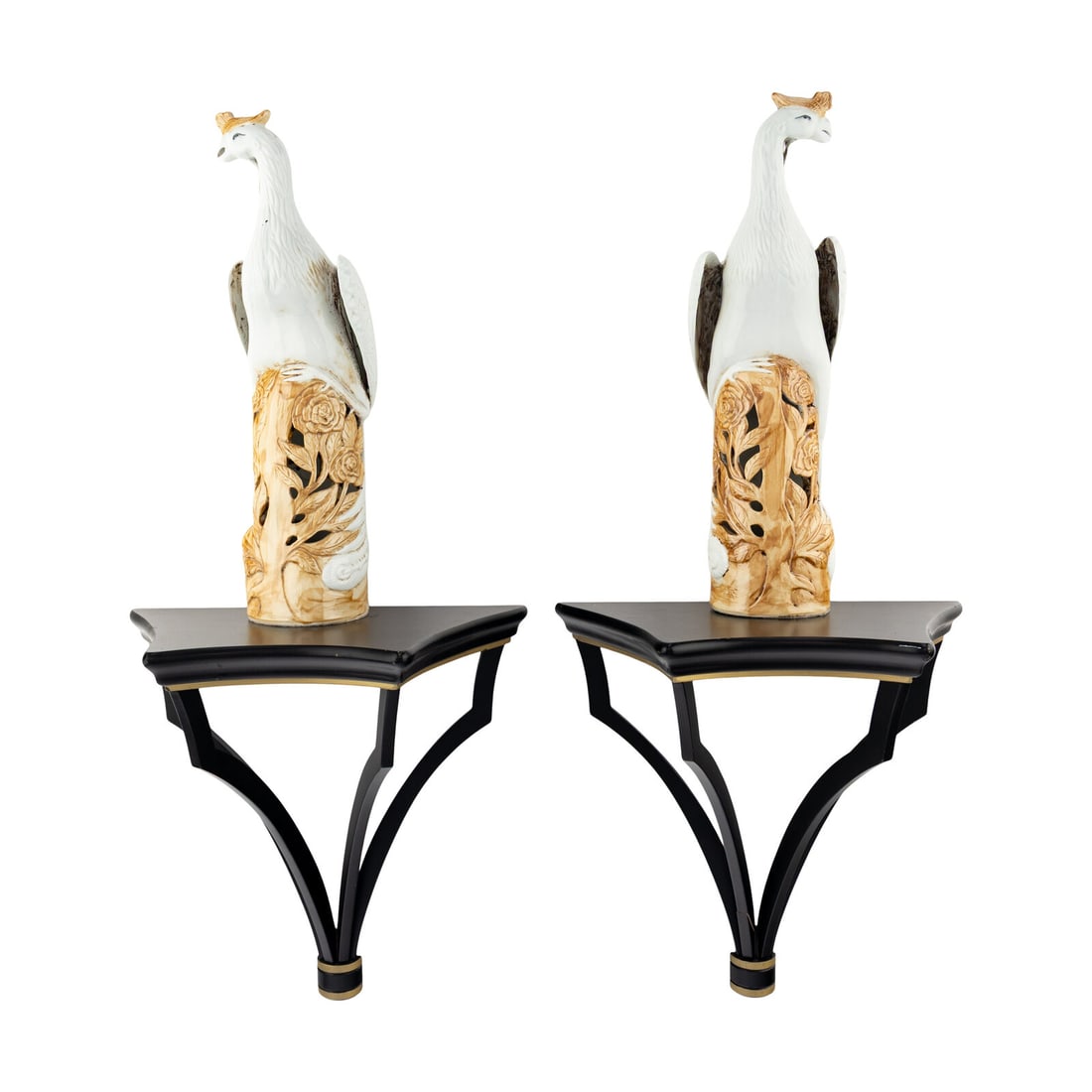 A Pair of Chinese Export Porcelain Phoenix Birds and Wall Brackets: A Pair of Chinese Export Porcelain Phoenix Birds and Wall Brackets 20th Century Height of porcelain 18 1/2 x width 6 inches; height of bracket 16 inches. Property from a Distinguished Chicago Gold Coa