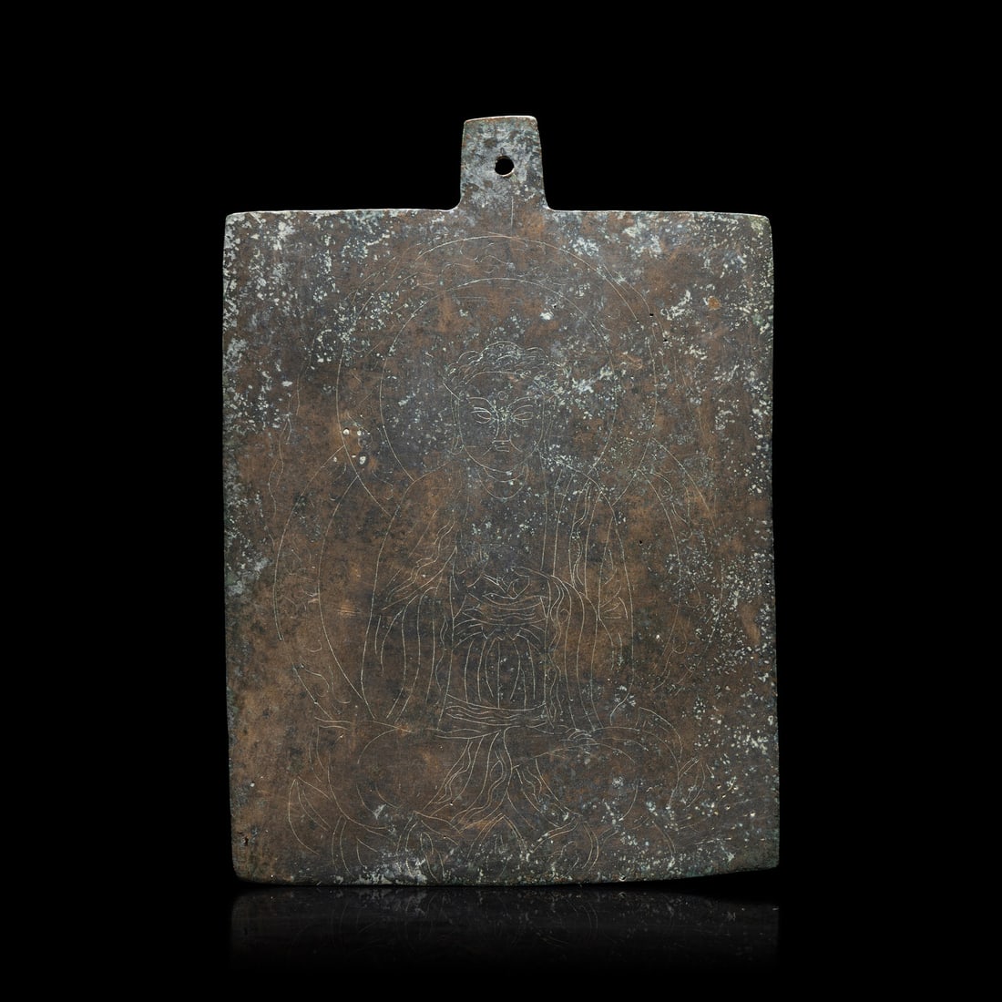 A Chinese Bronze Incised Buddhist Votive Plaque, Liao-Jin Dynasty (1 of 2)