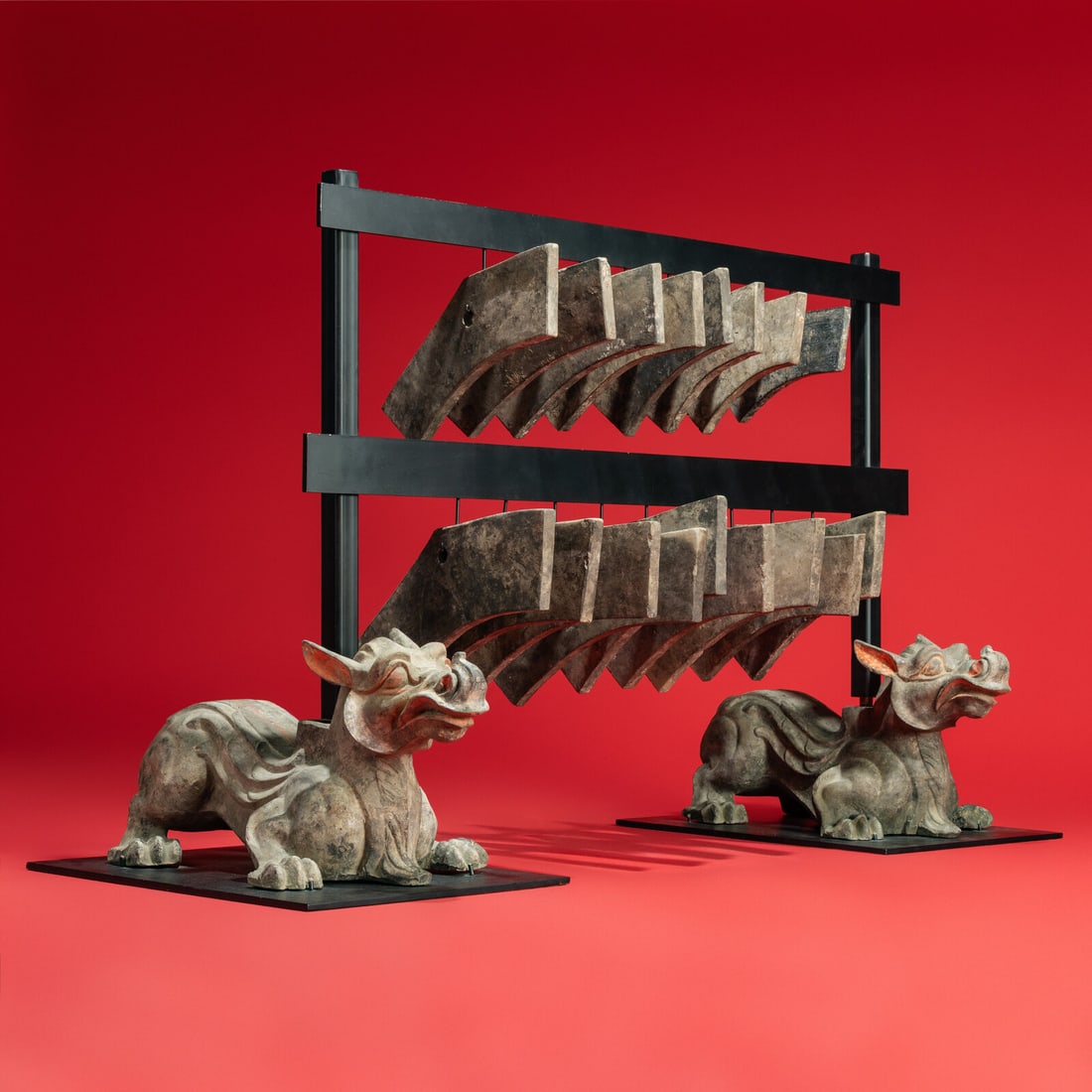 A Rare Chinese Painted Earthenware Chimera and Chimes Set, Qing and Bixie, Western Han Dynasty: A Rare Chinese Painted Earthenware Chimera and Chimes Set, Qing and Bixie, Western Han Dynasty 西漢 灰陶編磬一組連辟邪座 Western