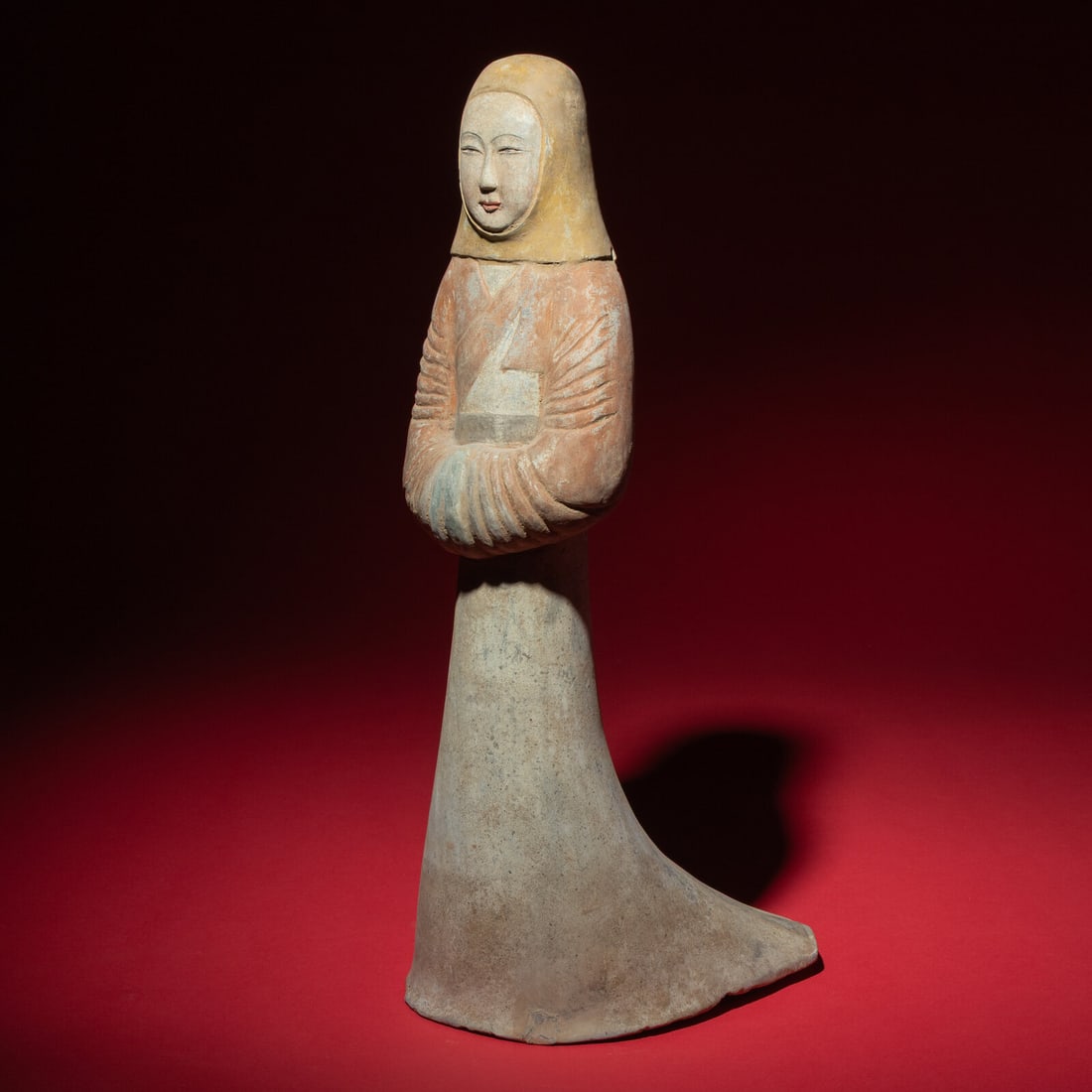 A Large Chinese Painted Pottery Standing Lady Wearing a Hood, Han Dynasty (1 of 5)