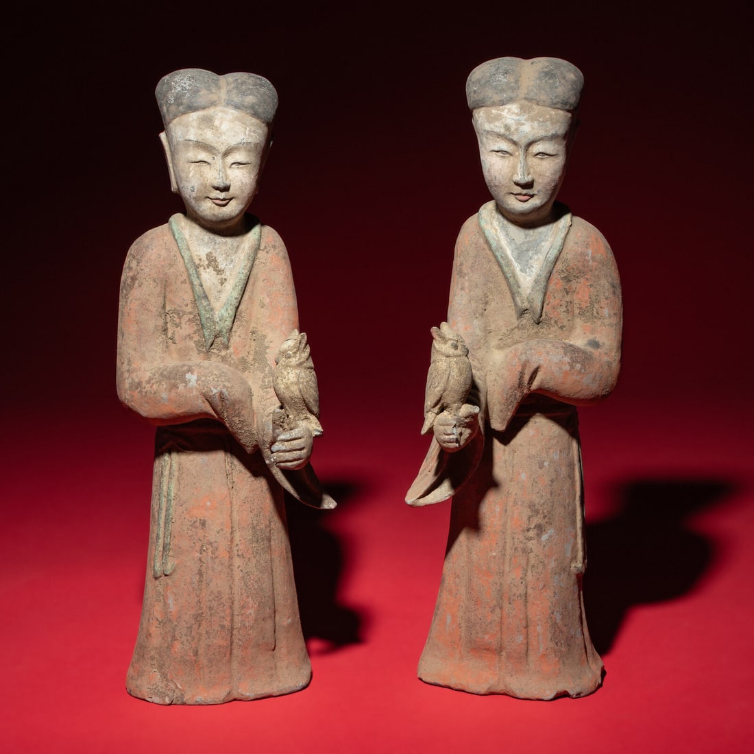 A Pair of Chinese Painted Grey Pottery Ladies with Owls, Han Dynasty (1 of 9)