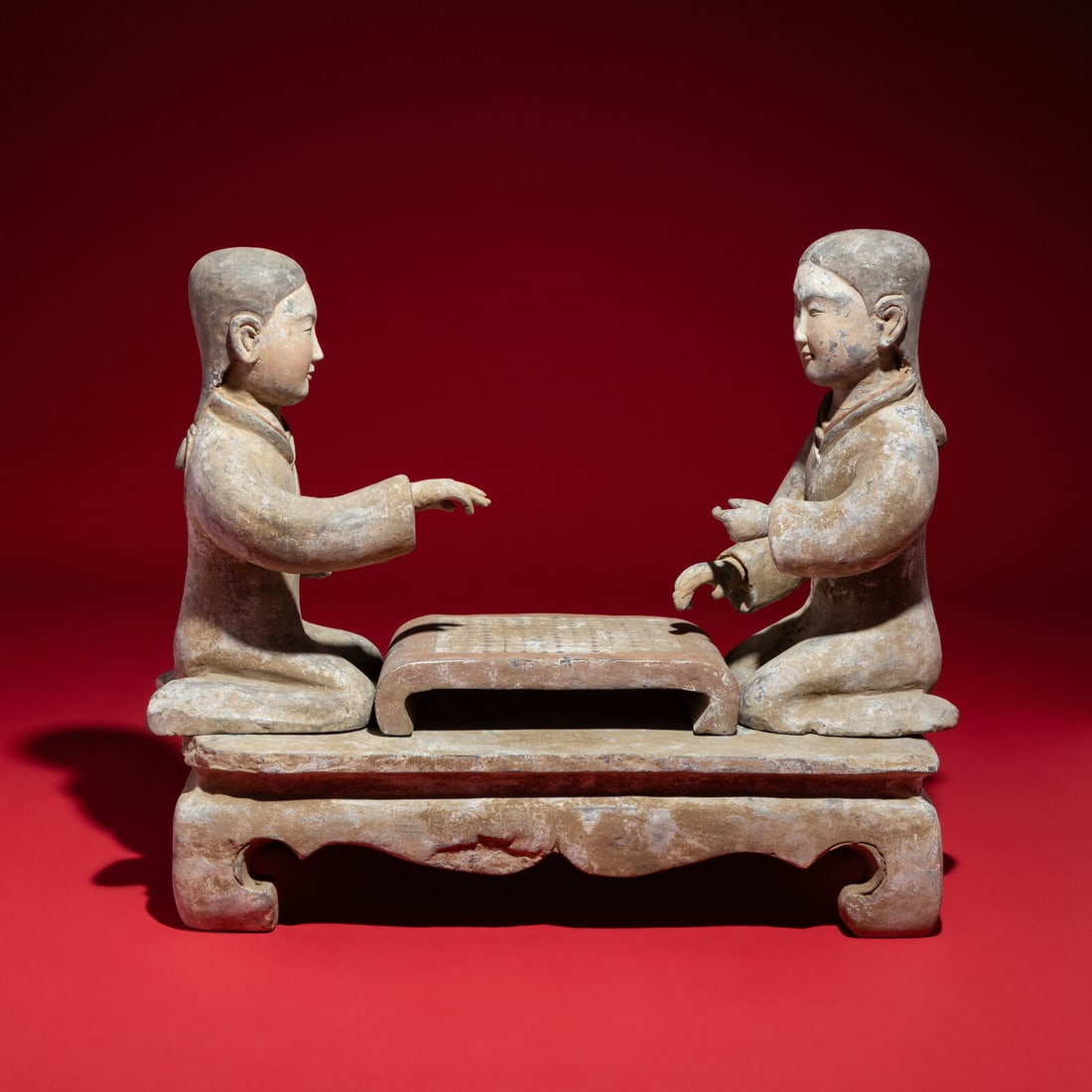 Two Chinese Painted Pottery Ladies Playing Liubo, Western Han Dynasty: Two Chinese Painted Pottery Ladies Playing Liubo, Western Han Dynasty 西漢 灰陶彩繪女對弈俑一組 Western Han Dynasty (206 B.C.-9 